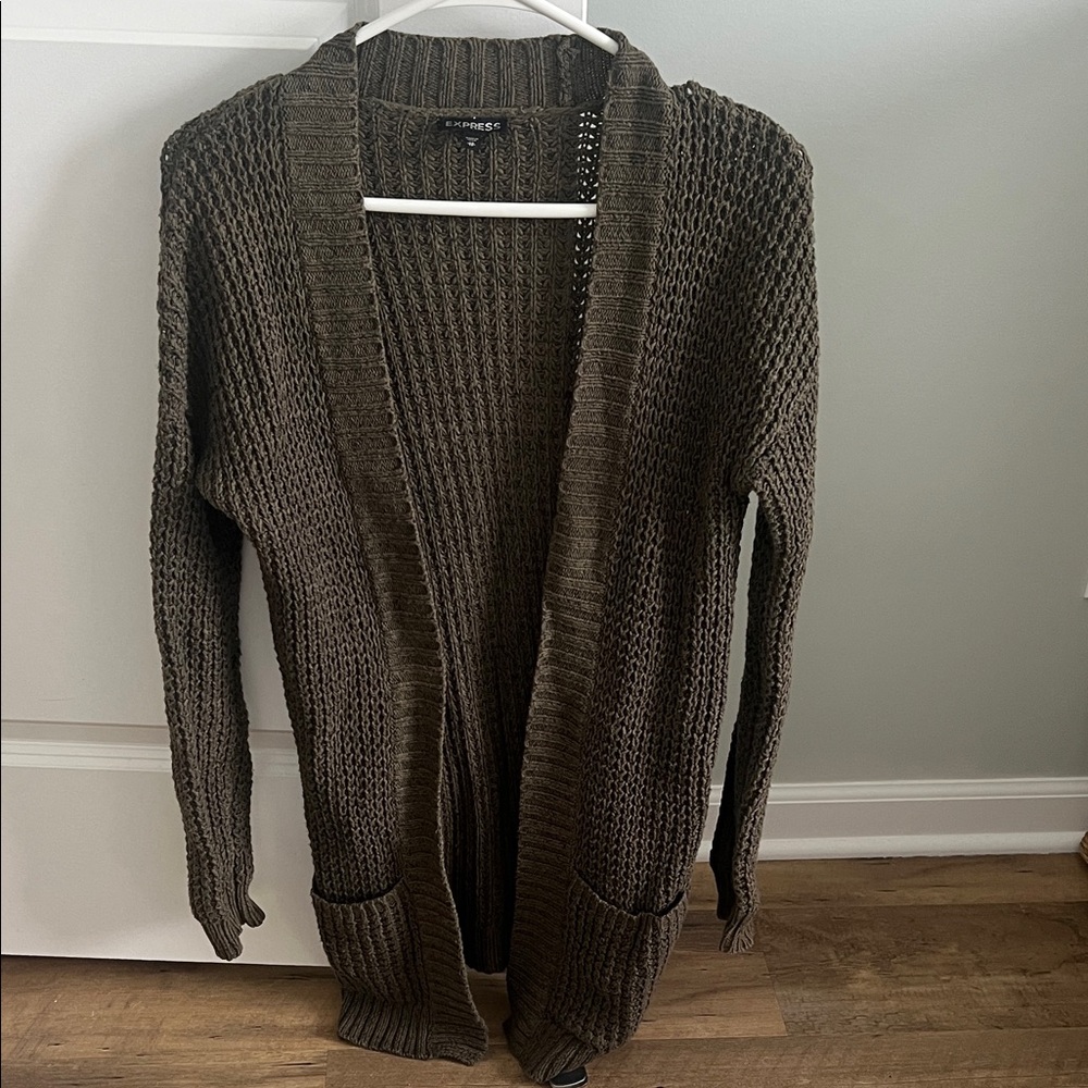 Express Olive Open-Front Chunky Knit Cardigan